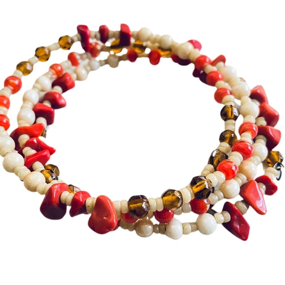 Coral colored glass and crystal‎ wrap wire bracelet